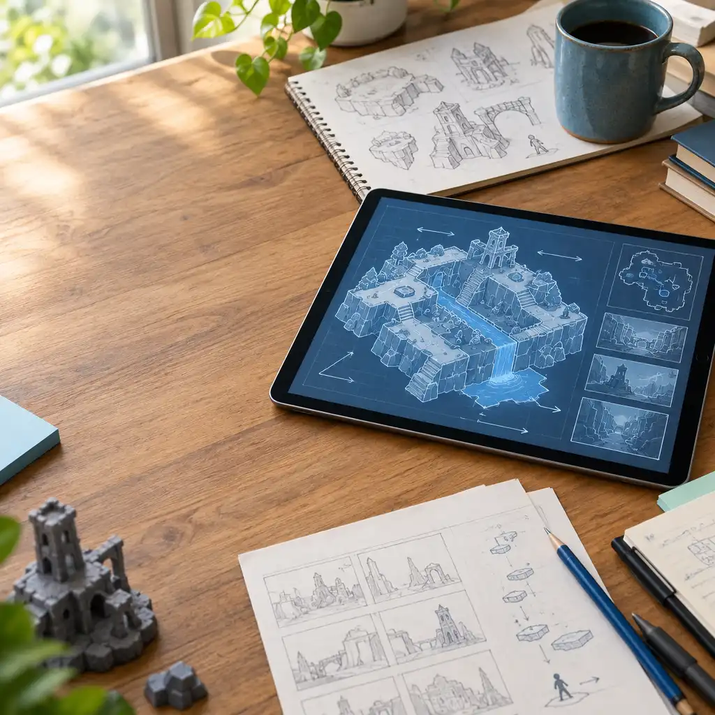 A close-up of a game designer's desk with sketches, notes, and a tablet showing a level design wireframe.