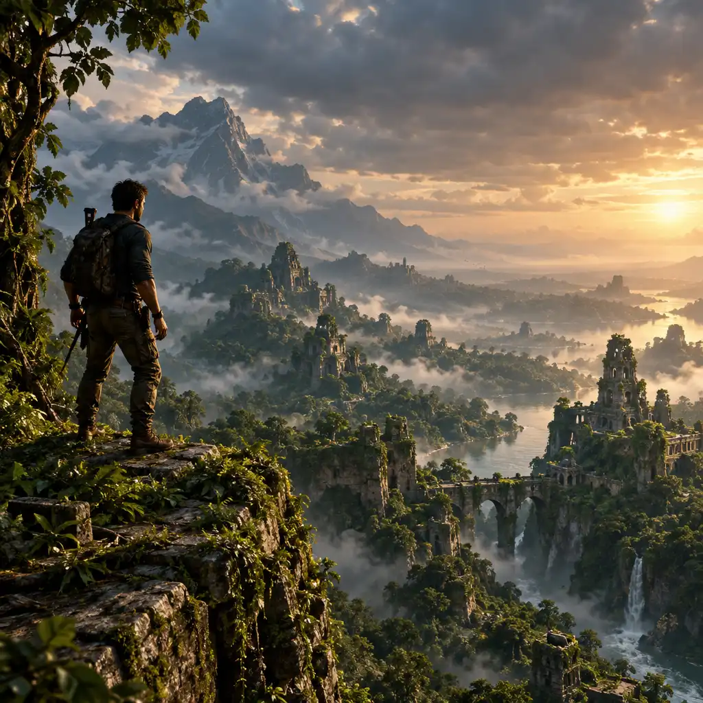 Lone protagonist on a cliff edge overlooking a misty valley with ancient ruins in a dramatic action-adventure game