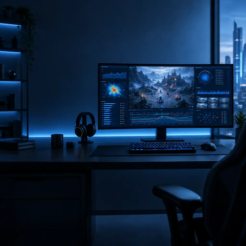 A wide cinematic shot of a futuristic gaming setup with a large monitor displaying complex data visualisations and game analytics, surrounded by soft blue ambient lighting.