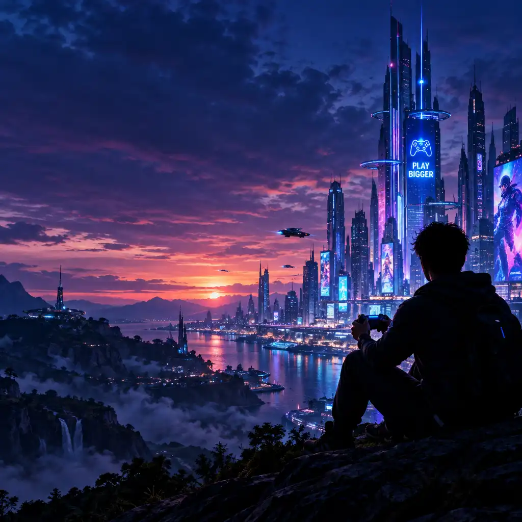 A lone gamer silhouette stands before a neon-lit futuristic city skyline at dusk, holding a controller.