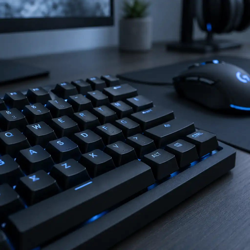 A close-up of a gaming keyboard and mouse on a desk with soft blue-grey ambient light.