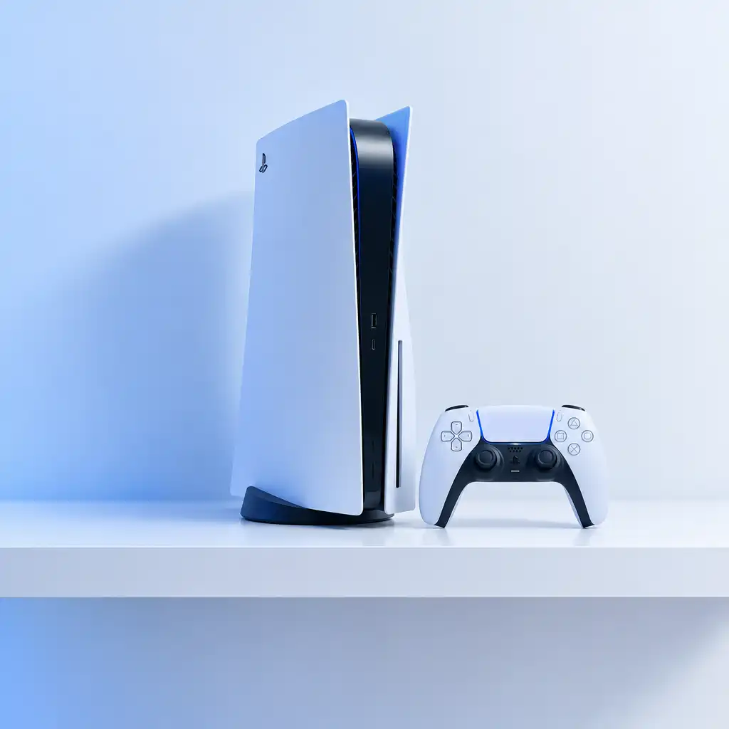 A PlayStation 5 console with a DualSense controller on a minimalist white shelf.