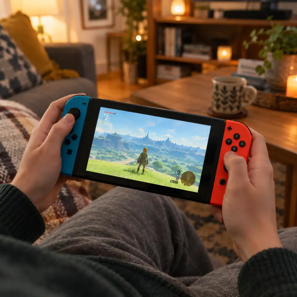 A person playing a Nintendo Switch in handheld mode on a couch in a warm living room.