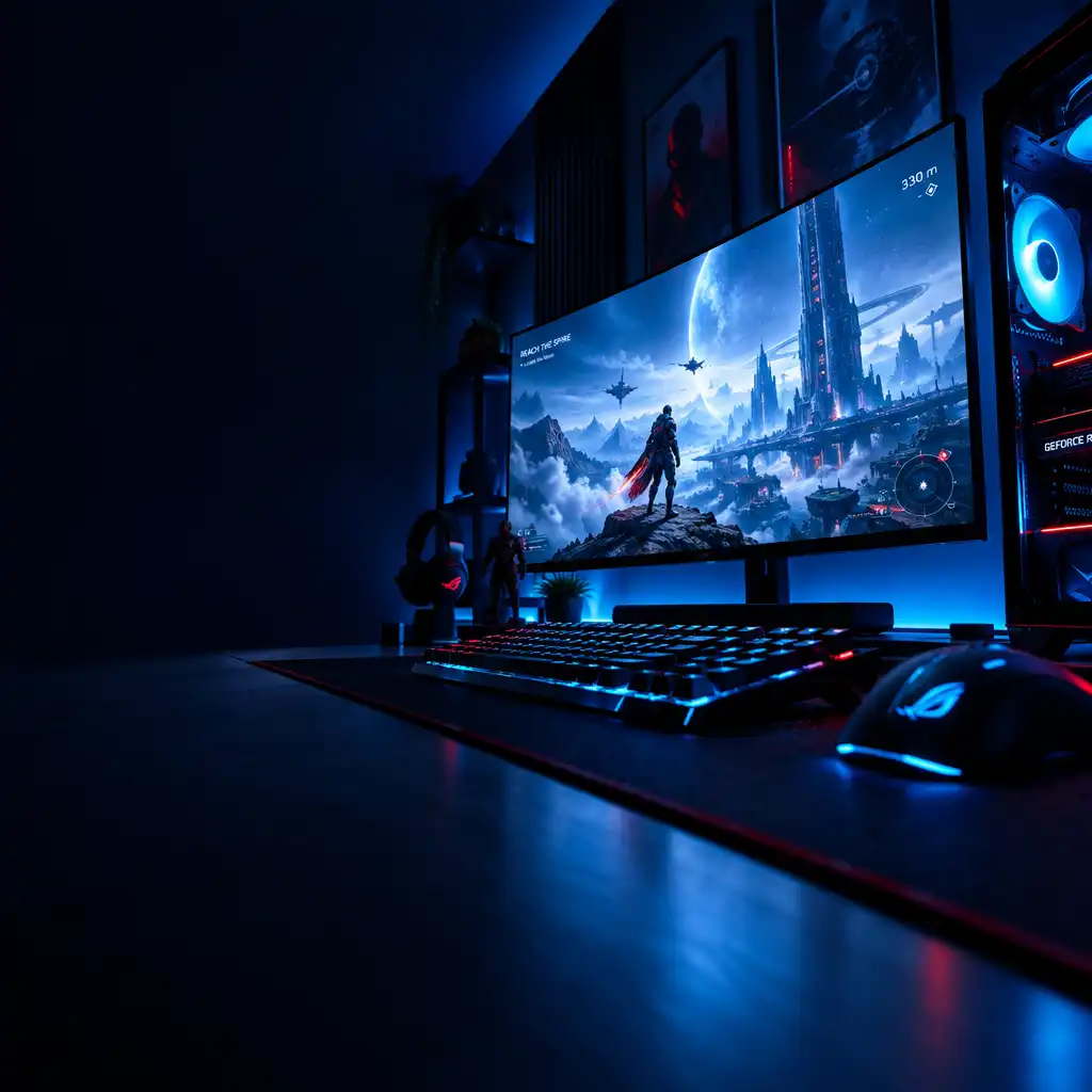High-end gaming PC setup with a large monitor displaying a futuristic game scene in a dimly lit room