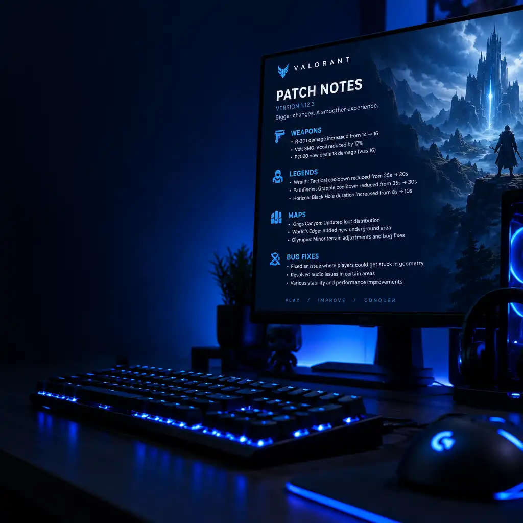 A gaming PC setup with a monitor displaying patch notes, keyboard and mouse in the foreground, dark room with blue ambient lighting