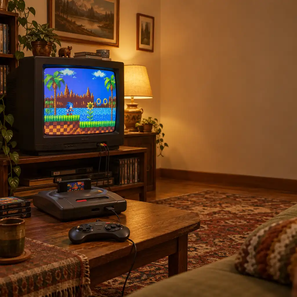 A nostalgic scene of a classic gaming console from the 1990s with a CRT television showing a pixelated game, set in a cosy living room with warm lighting.