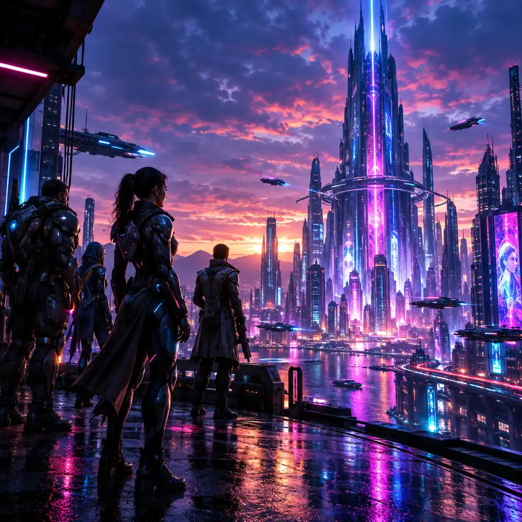 Futuristic cityscape at dusk with neon lights and characters in sleek armour in a sci-fi RPG