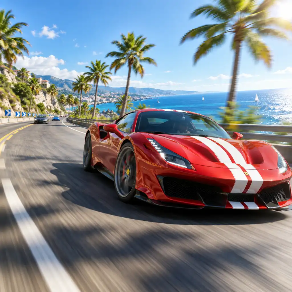 High-speed race on a coastal track with a red sports car, motion blur and ocean views